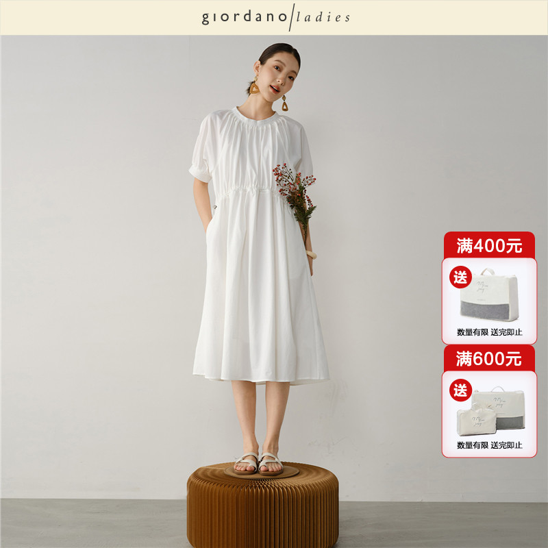 GL2026夏季新款裙子女哑光缎布圆领抽绳收腰短袖连衣裙女02465014