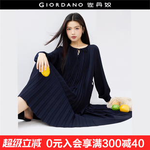 设计师款 连衣裙18465503 佐丹奴直筒h形连衣裙女镂空绑带圆领包袖