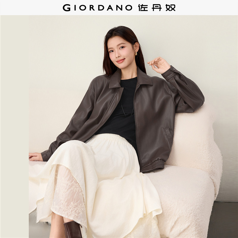 Giordano翻领皮衣外套落肩图片
