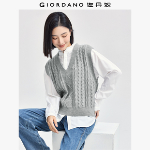 佐丹奴老钱风马甲女复古绞花肌理感针织衫 V领针织背心女13354685