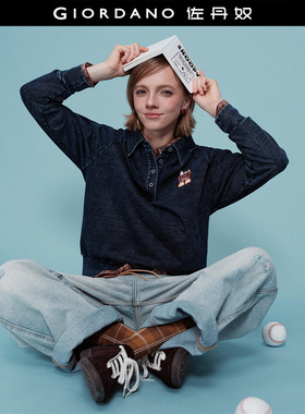 [史努比联名]佐丹奴女装刺绣纯棉做旧宽松插肩长袖Polo衫18315904