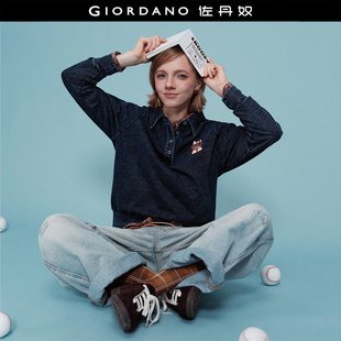 Polo衫 刺绣纯棉做旧宽松插肩长袖 佐丹奴女装 18315904 史努比联名