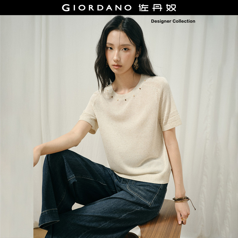设计师款佐丹奴短袖针织衫女亚麻莱赛尔木珠装饰圆领上衣183568