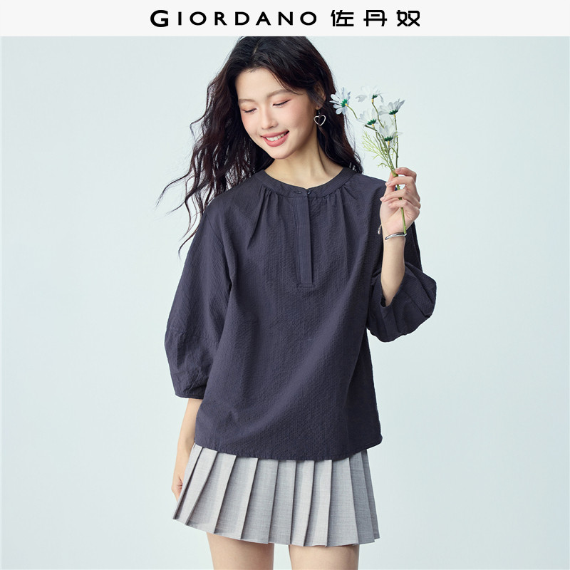 佐丹奴肌理感衬衫女新款泡泡皱宽松圆领半开襟七分袖衬衣05346113