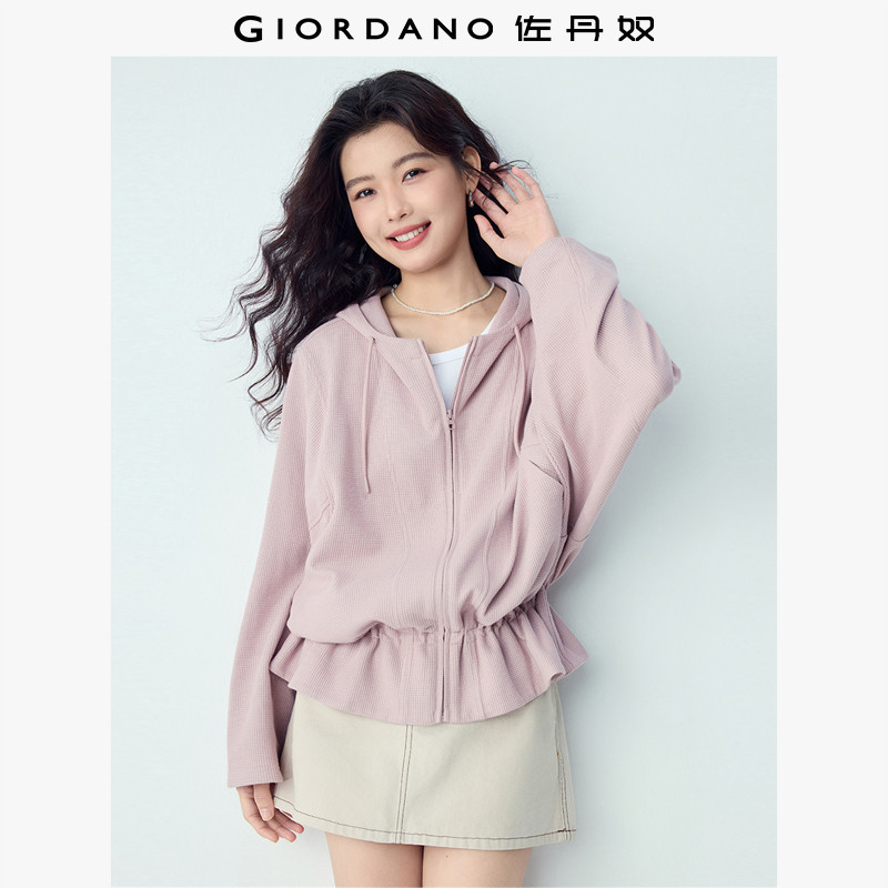 佐丹奴外套女2026年春华夫格荷叶边宽松廓形连帽卫衣开衫13376206