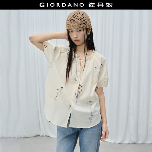 Giordano短袖绣花衬衫绑带