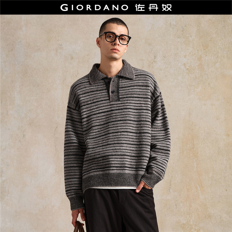 POLO领撞色粗细条纹针织衫