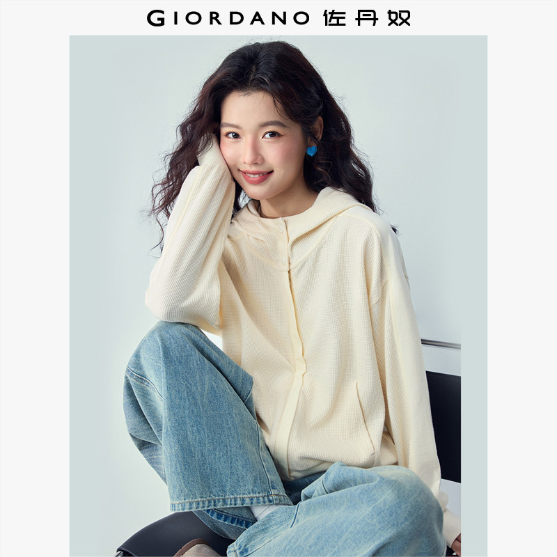 佐丹奴外套女装2026秋季新款华夫格宽松连帽休闲卫衣开衫13376204