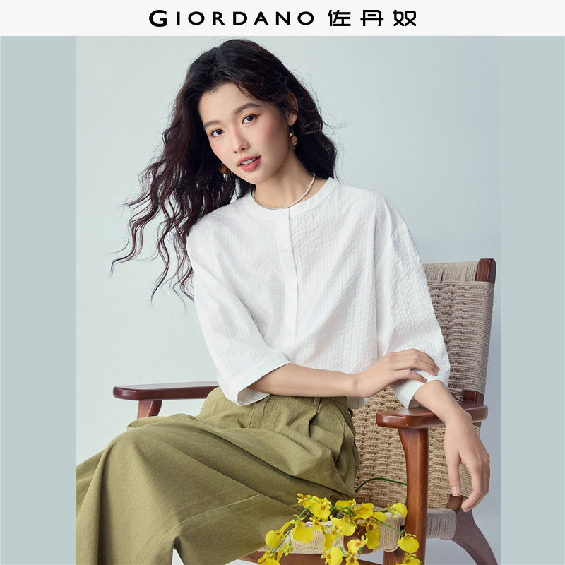 佐丹奴衬衫2026年夏纯棉提花暗条纹宽松圆领七分袖衬衫女05346469