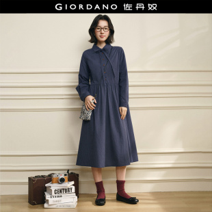 设计师款 佐丹奴2026年春纯棉条纹娃娃领系带收腰连衣裙女18466702