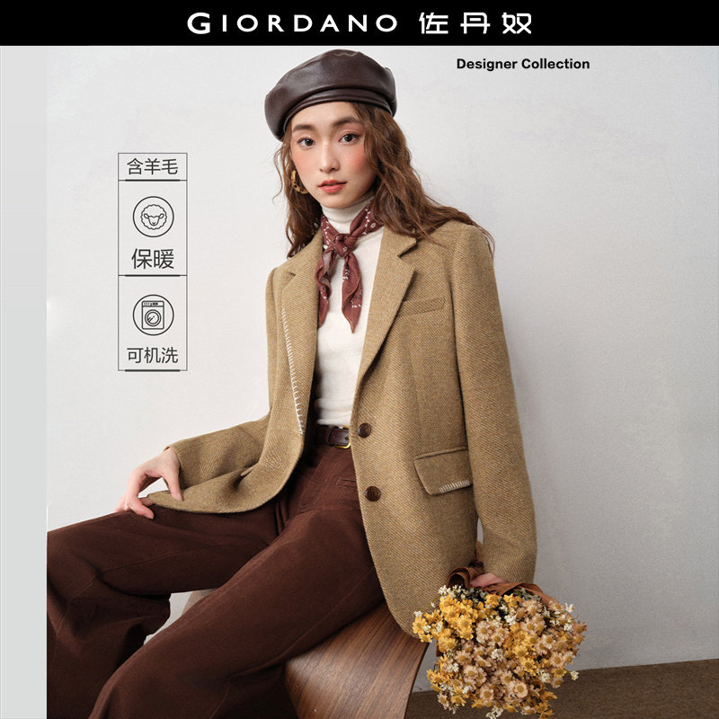 设计师款佐丹奴撞色勾线平驳领宽松高智感毛呢西装外套女18375718