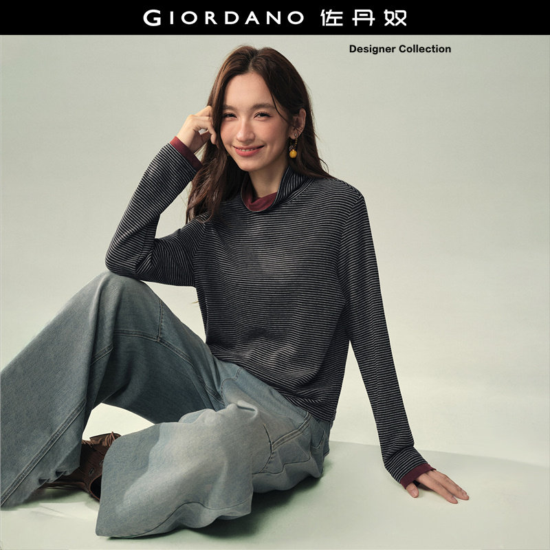 设计师款佐丹奴2026年秋冬绒感条纹撞色半高领长袖T恤女1832