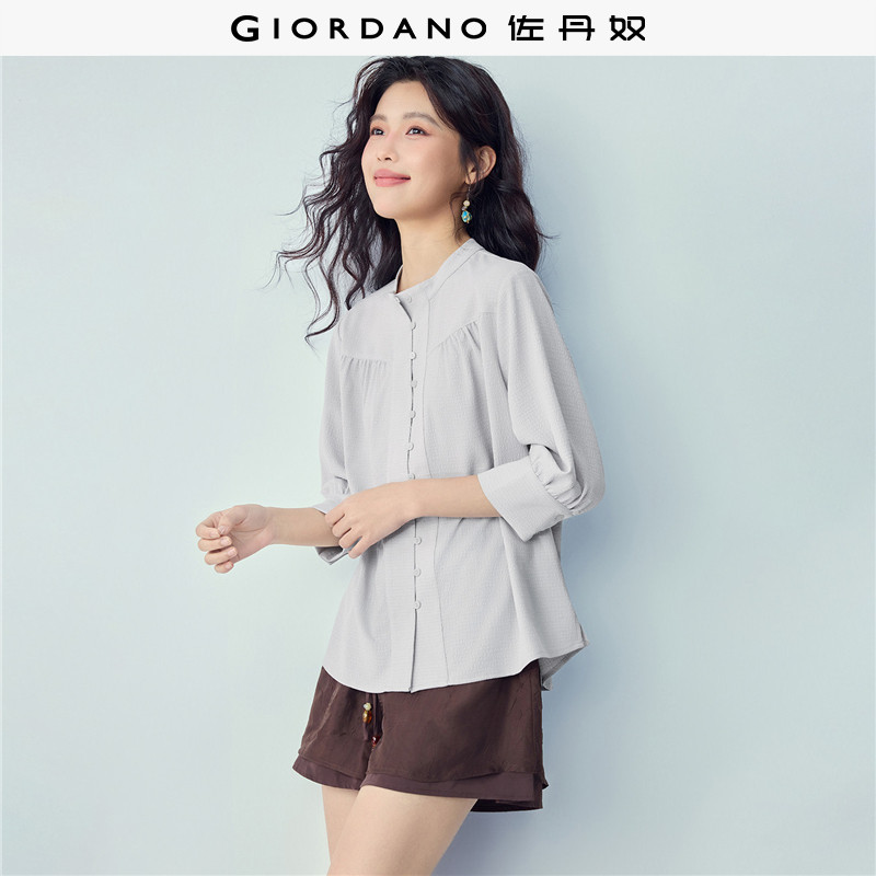 Giordano七分袖泡泡皱拼接衬衫图片