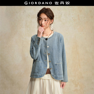 设计师款 勾线圆领不规则纽扣牛仔外套18375209 佐丹奴牛仔夹克女装