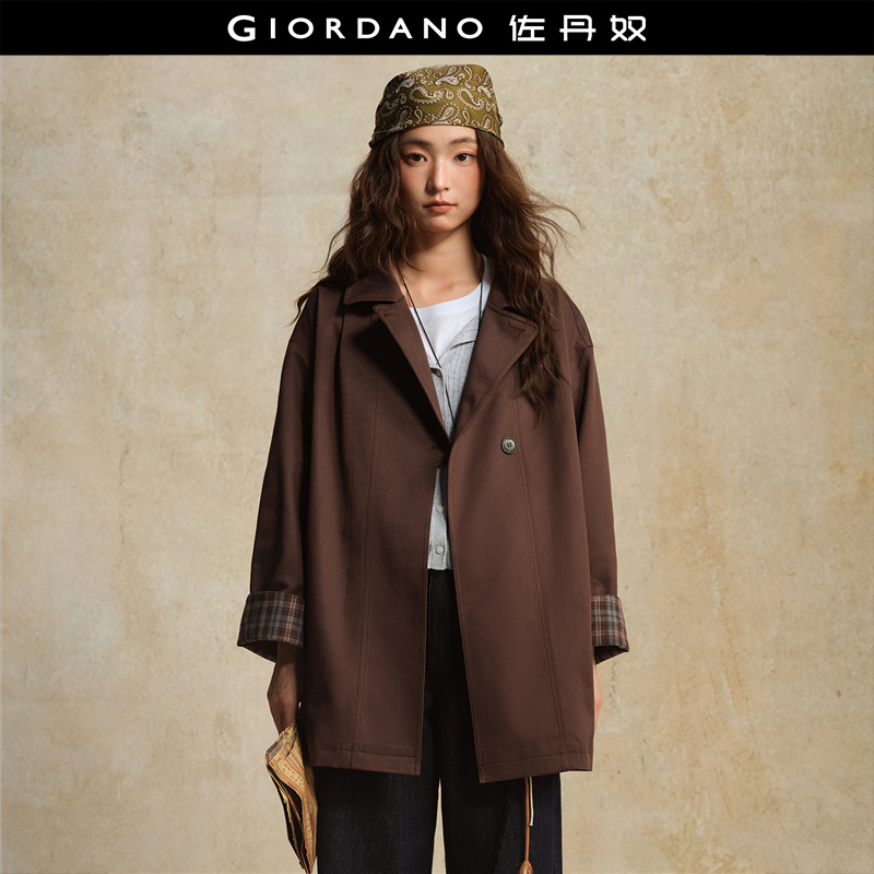 Giordano拼接格纹袖里风衣外套