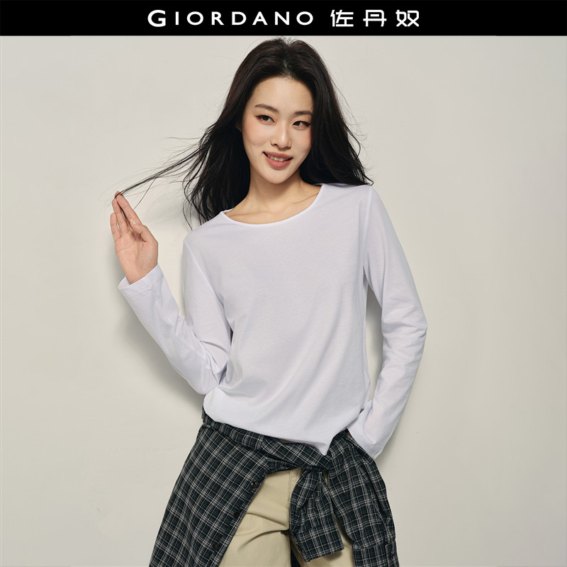 【韩国同款】佐丹奴长袖T恤女2026秋季纯棉纯色圆领上衣0532