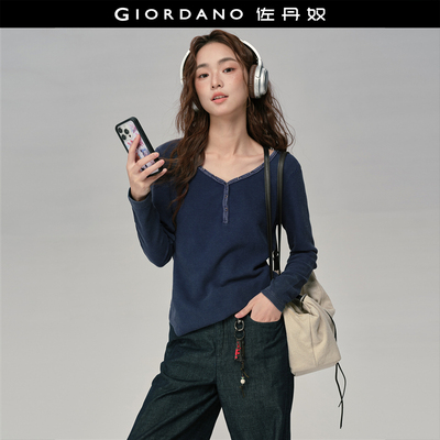 佐丹奴长袖华夫格拼布亨利领T恤