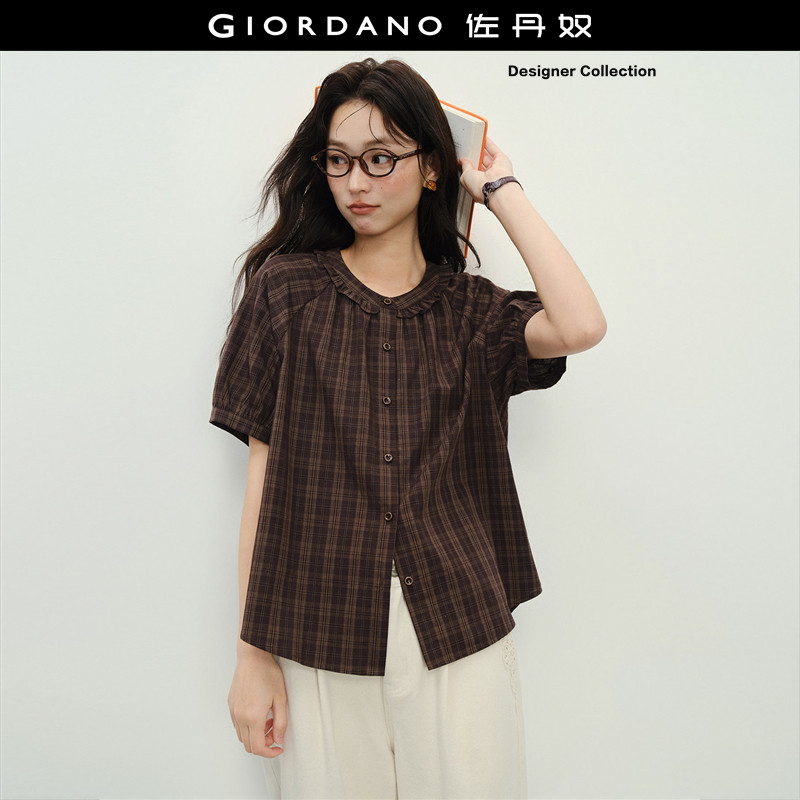 Giordano短袖格纹衬衫花边圆领图片