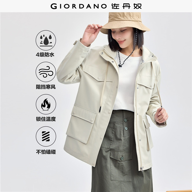 佐丹奴外套女装复合摇粒绒工装口袋可卸帽中长款软壳外套 374701