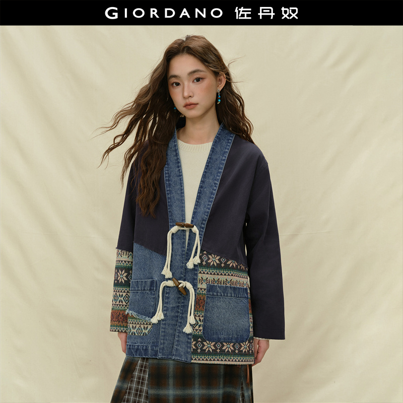 佐丹奴提花拼接牛仔外套牛角扣