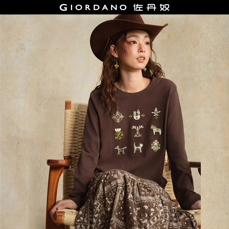 Giordano长袖T恤复古图案刺绣