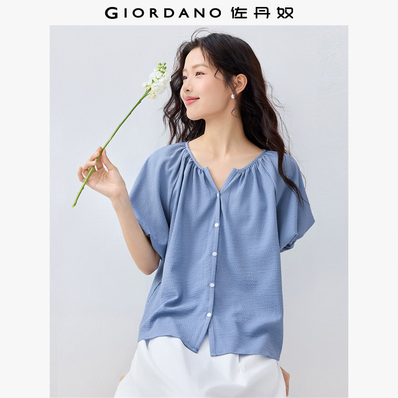 佐丹奴泡泡衫女新款肌理感减龄法式小V领插肩短袖衬衫女13345330