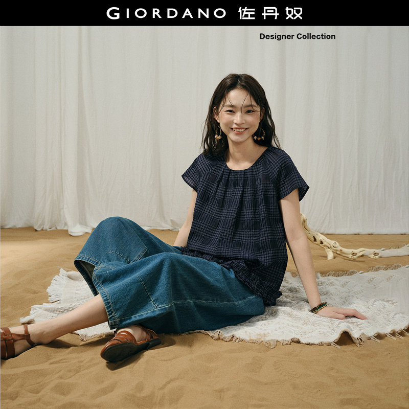 设计师款佐丹奴宽松娃娃衫女夏季薄款圆领格纹衬衫女短袖18346224
