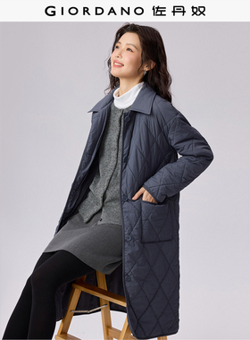 佐丹奴棉衣外套女秋冬新款菱形格绗缝中长款翻领棉服夹克13375650