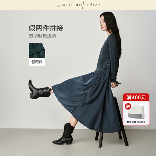 假两件圆领连衣裙毛梭织拼接