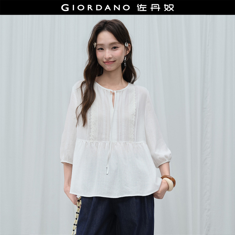 设计师款佐丹奴夏季莱赛尔拼接蕾丝绑带圆领七分袖衬衫女18346719