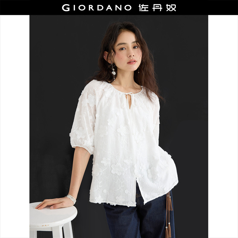 设计师款佐丹奴新款绣花绑带圆领插肩中袖法式衬衫女白色18345609,女装/女士精品,衬衫,淘宝优惠券,粉丝福利购,淘宝优惠卷