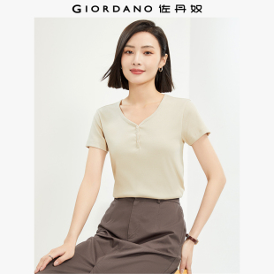 T恤女13325342 短袖 佐丹奴2026年夏季 弹力坑条针织上衣V领纽扣修身