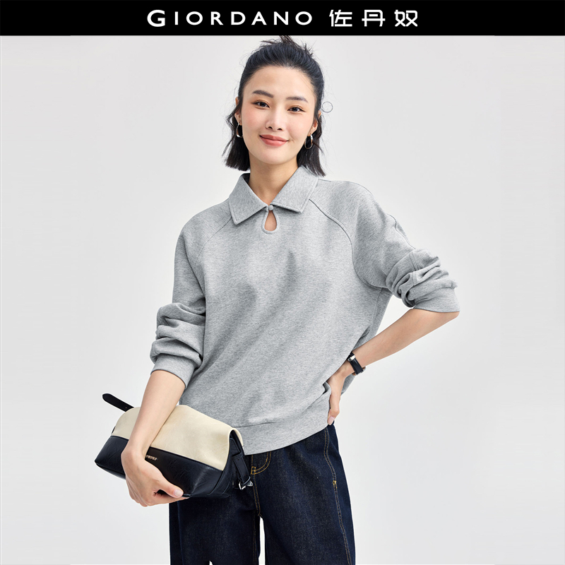 佐丹奴长袖Polo衫女新款水滴镂空翻领插肩袖翻领套头卫衣18314202