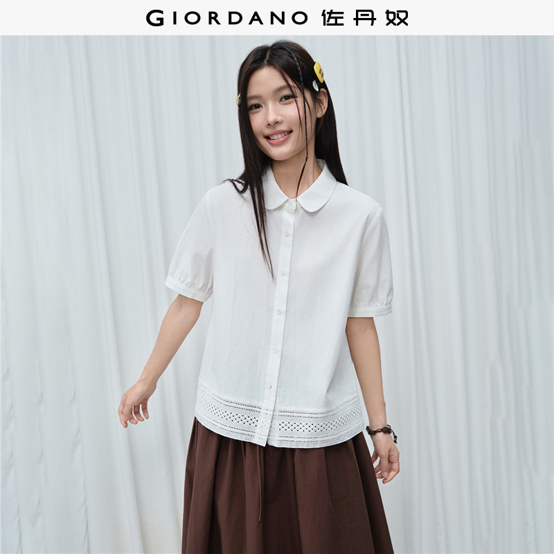 佐丹奴衬衫女装纯棉娃娃领镂空下摆梭织短袖衬衫 18346603