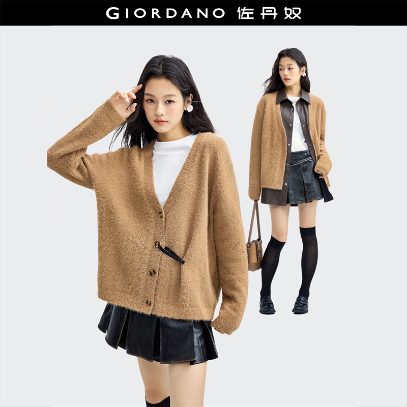 Giordano单排扣V领仿皮扣针织衫