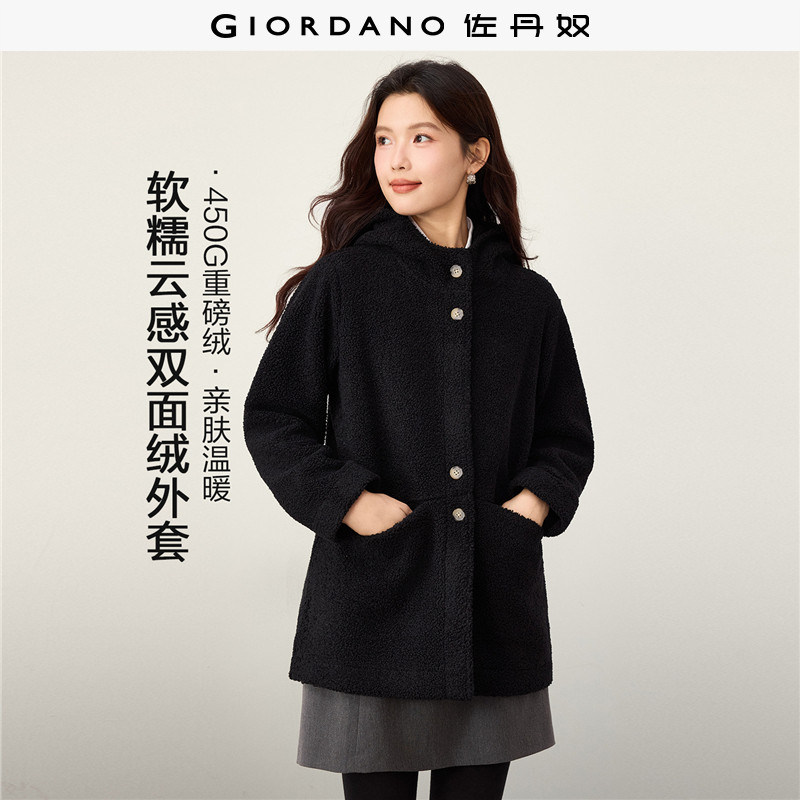 佐丹奴绒感外套女2026秋冬新款泰迪绒宽松中长款连帽夹克13376625