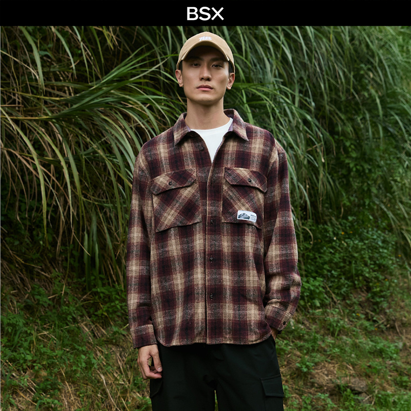 长袖格纹织标口袋衬衫法兰绒