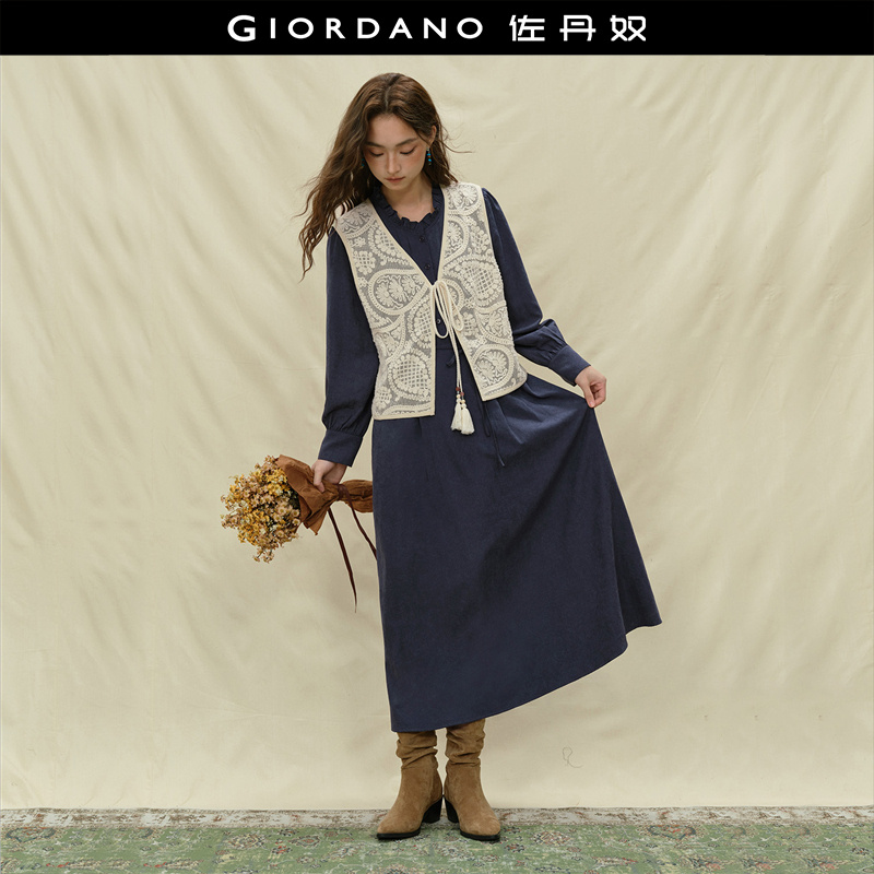 [两件套]设计师款佐丹奴裙子女装V领马甲花边立领连衣裙18465532