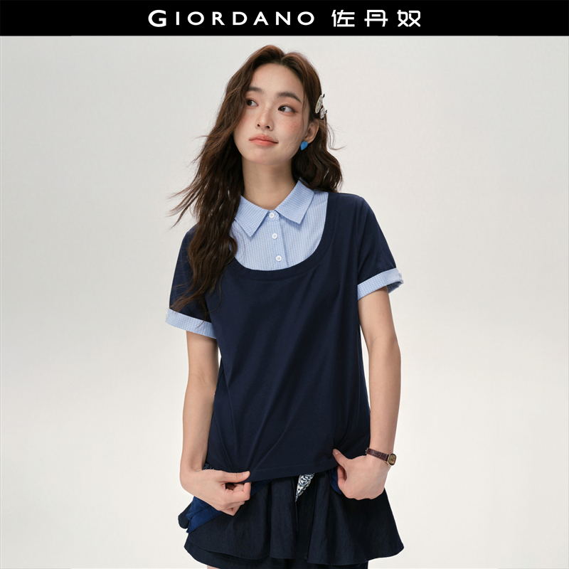 佐丹奴直筒格纹短袖假两件POLO