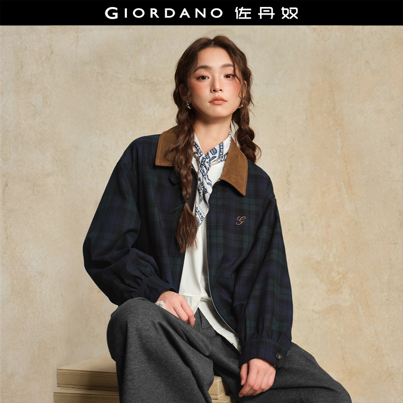 Giordano格纹拼接灯芯绒外套