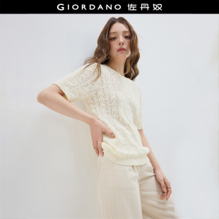绞花圆领短袖 女夏季 针织上衣18355914 佐丹奴镂空针织衫 设计师款