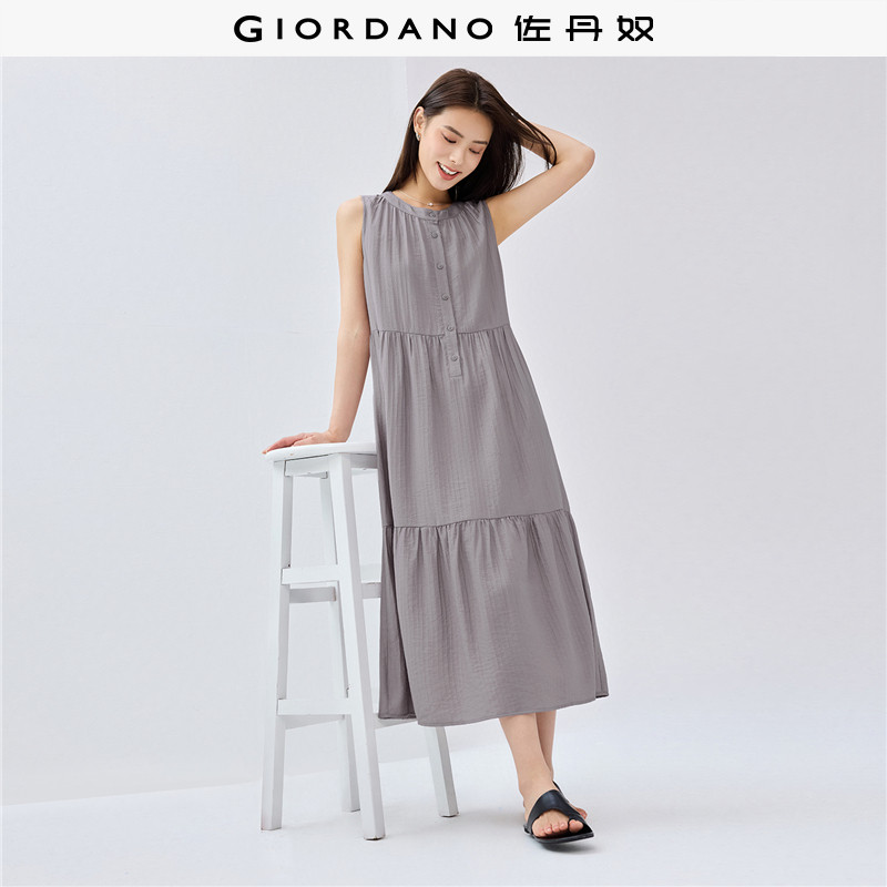 佐丹奴裙子女装圆领半开筒收褶下摆梭织背心连衣裙 05465075