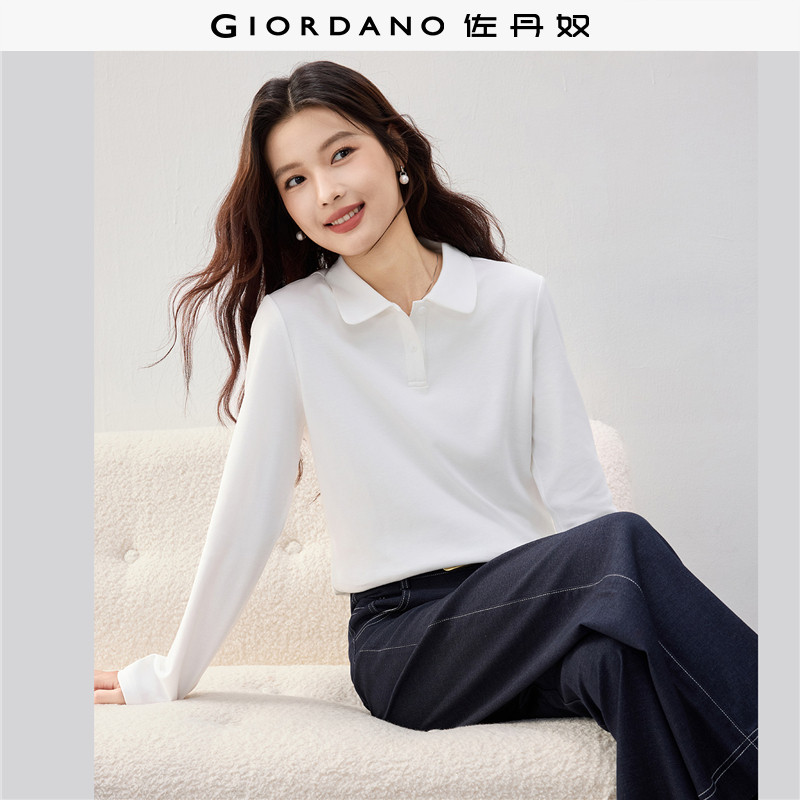 佐丹奴Polo衫女2026秋冬新款纯棉双面布纯色长袖翻领上衣05316786
