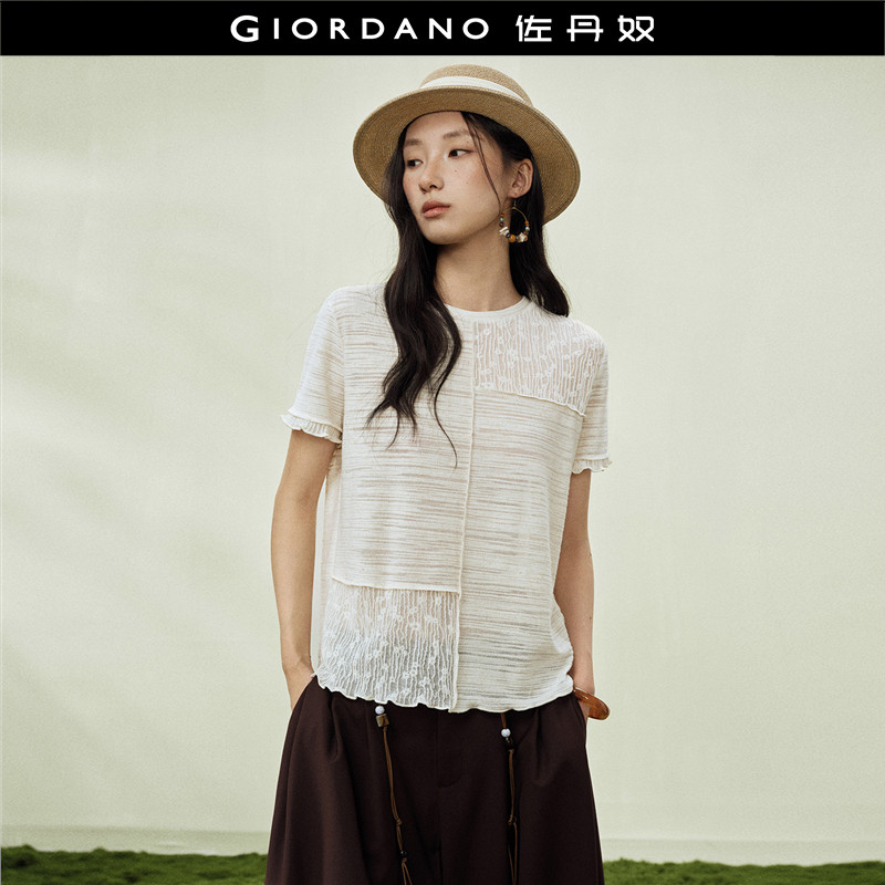 设计师款佐丹奴肌理花纱拼接蕾丝镂空宽松圆领短袖T恤女18326808
