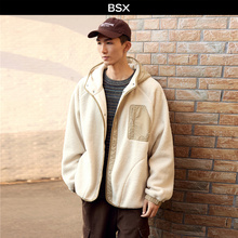 BSX2025秋冬新款夹克男拼布连帽多口袋男士仿羊羔绒外套04075681