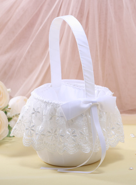 25款西式婚礼新娘花童花篮纯美白撒花花结手柄提手花童篮婚庆用品