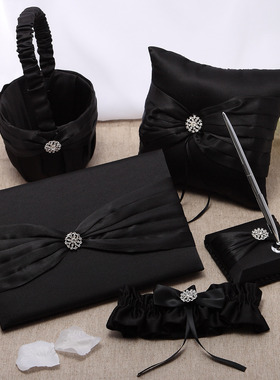 古典纯黑色缎布戒枕婚礼创意新娘用品对戒拍摄道具签到簿花篮袜带