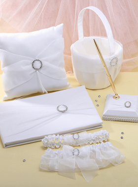 唯美水钻戒饰纯白欧式结婚套装花洒篮子戒枕托签名册签到笔袜带