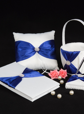 Wedding宝蓝色戒枕婚礼蝴蝶结绸缎对戒戒托欧美婚礼新娘套装ins