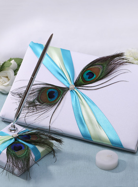 6款婚礼布置用品结婚宾客签到混搭蓝绿色花朵婚庆签名簿签到笔